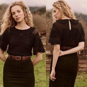 NEW The Great Rosebud Scalloped Lace Cropped Short Sleeve Top Black